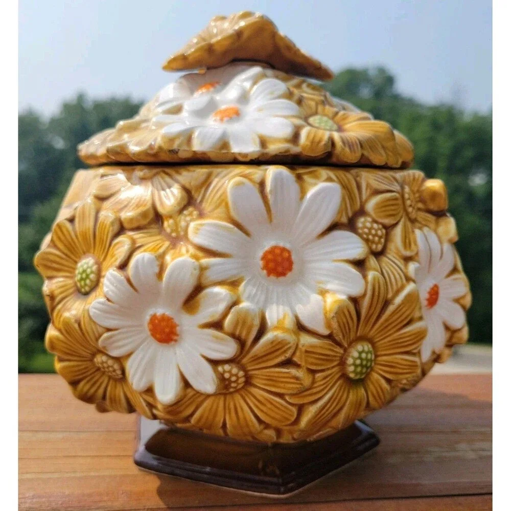 Vintage Fred Roberts Daisy Canister Coffee Cookie Jar Japan 1970s Flower Ceramic